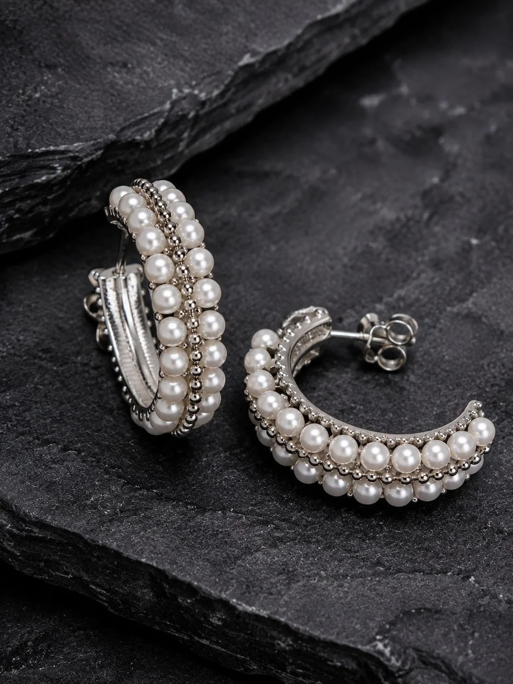 Silver Hoop Earrings with White Pearls